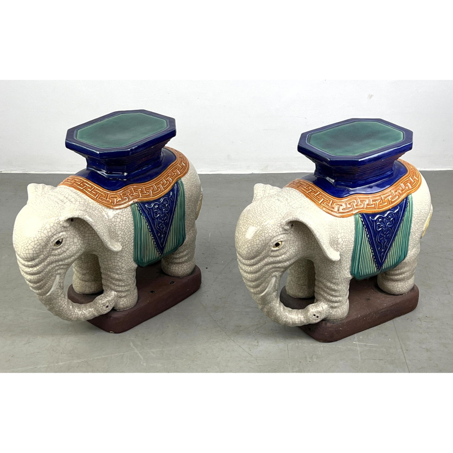 Appraisal: Pr Figural Elephant Pottery Display Pedestals Side Tables Crackle Glaze