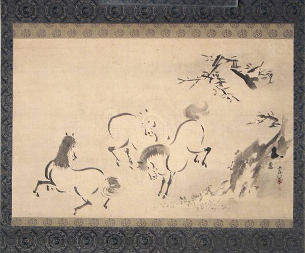 Appraisal: After Kano Tsunenobu th th Century Horses Hanging scroll ink