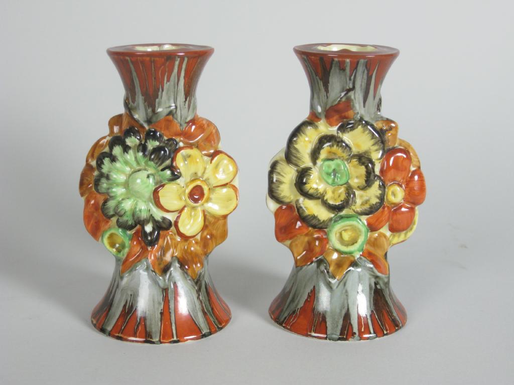 Appraisal: Pair of Clarice Cliff Candlesticks My Garden pattern in restored