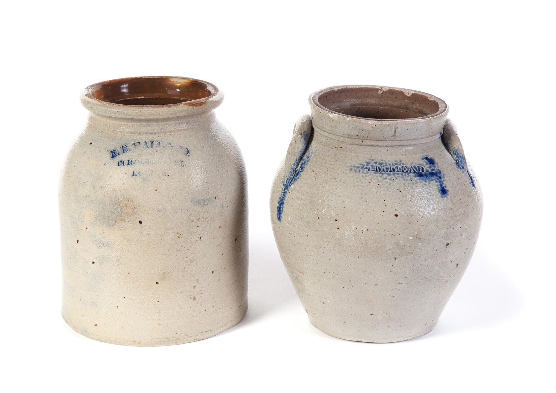 Appraisal: TWO STONEWARE JARS WITH IMPRESSED MARKS AND BRUSHED COBALT DECORATION