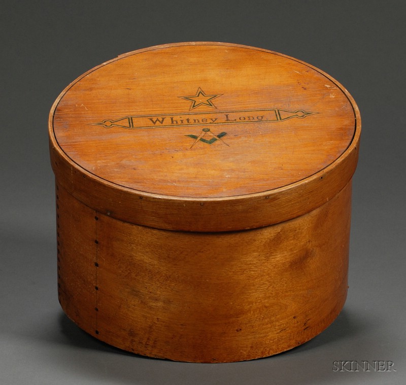 Appraisal: Round Masonic Decorated Pantry Box America th century lapped-seam construction