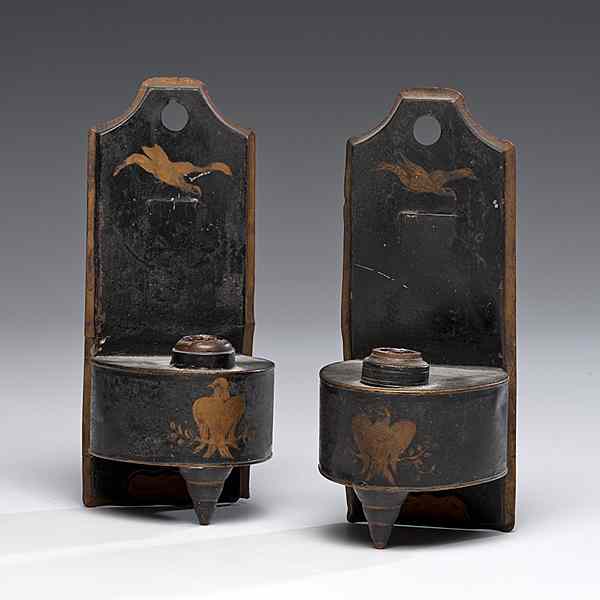 Appraisal: Tin Oil Lamp Sconces American ca s a pair of