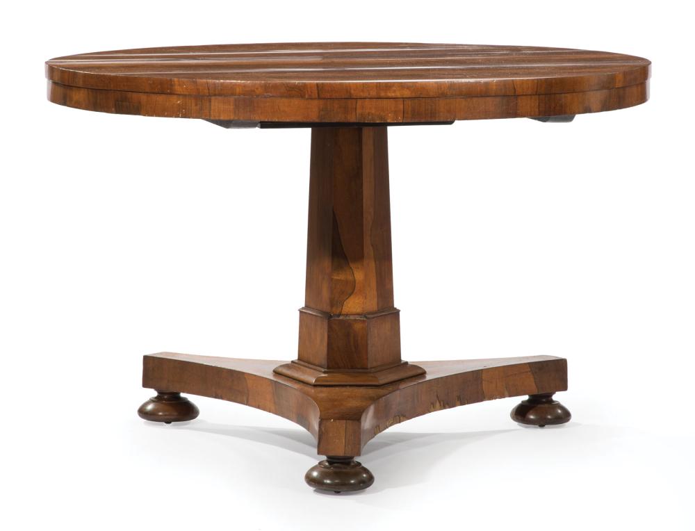 Appraisal: Late Regency Kingwood Tilt-Top Center Table th c reverse tapered