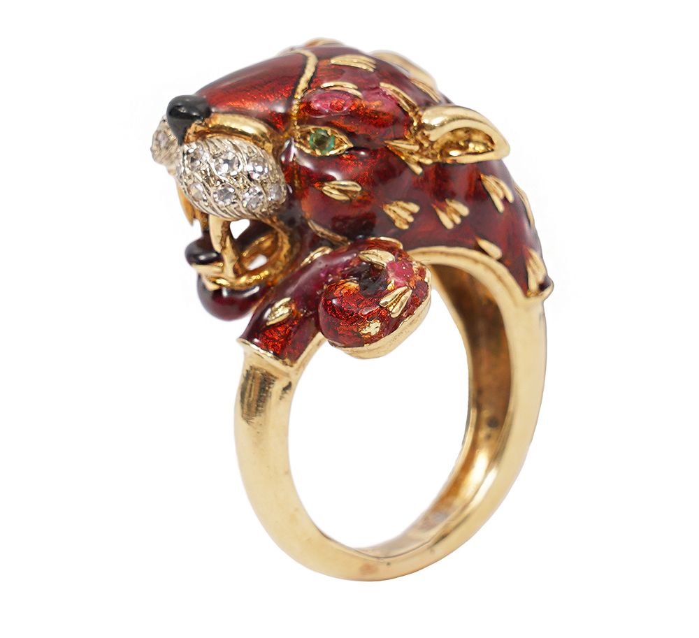 Appraisal: K YG Diamond Emerald Enamel Panther Ring K yellow gold