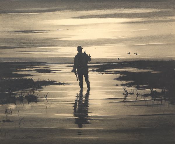 Appraisal: Paul Whitman American - x Hunter Standing in Pond Charcoal