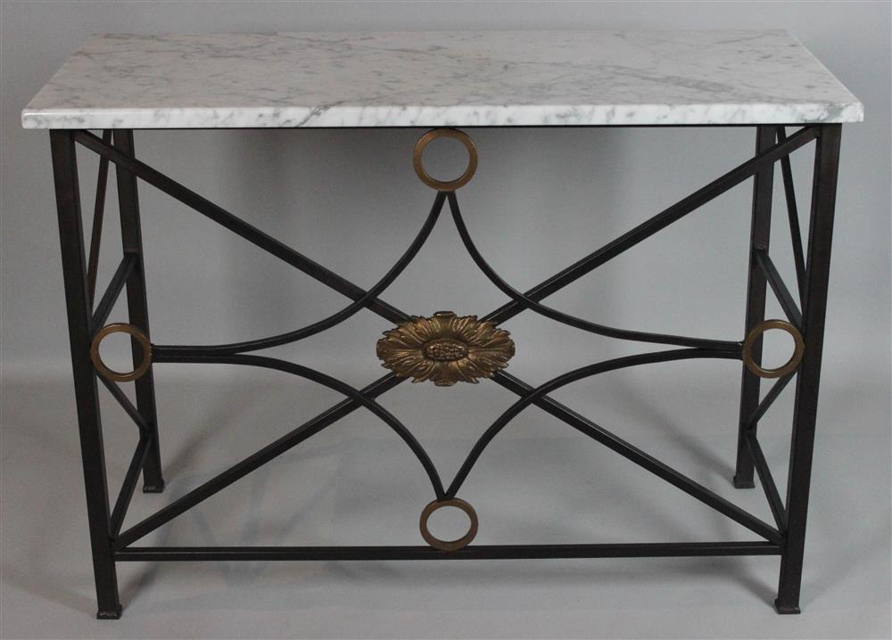 Appraisal: TRANSITIONAL CONTEMPORARY PIERCED METAL CONSOLE TABLE WITH MARBLE TOP nicely