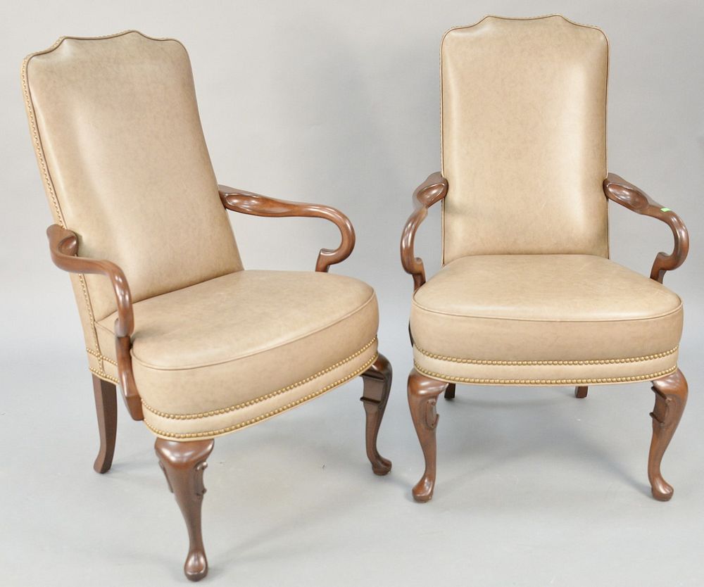 Appraisal: Pair of leather Queen Anne style arm chairs ht in