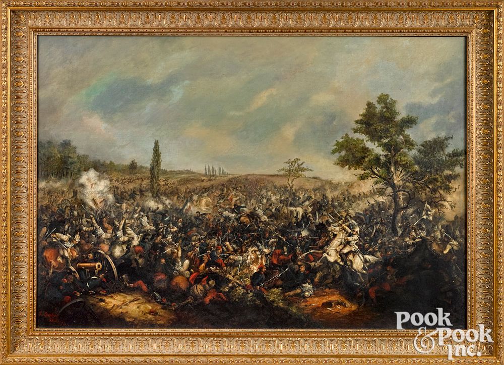 Appraisal: Large oil on canvas battle scene Large oil on canvas