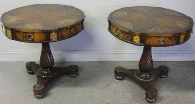 Appraisal: Pair of Vintage Brass Inlaid Rosewood Tables From a Larchmont