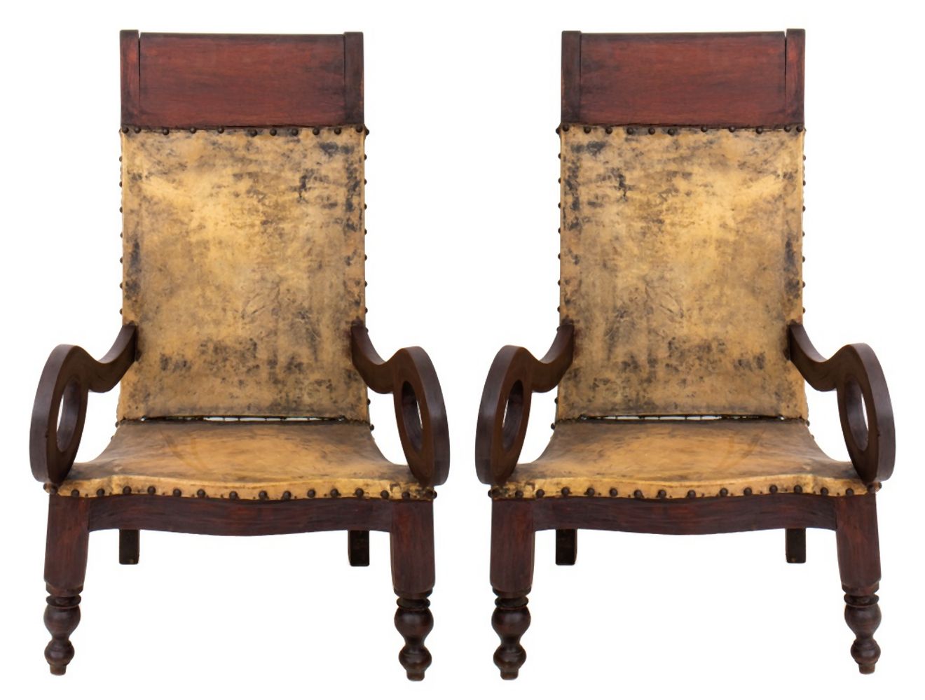 Appraisal: DUTCH COLONIAL TEAK ARM CHAIRS TH C Pair of parchment