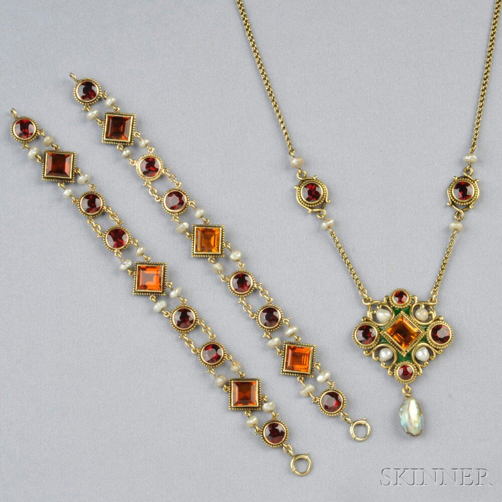 Appraisal: Renaissance Revival Gold Gem-set Suite Marcus Co the lozenge-shaped pendant