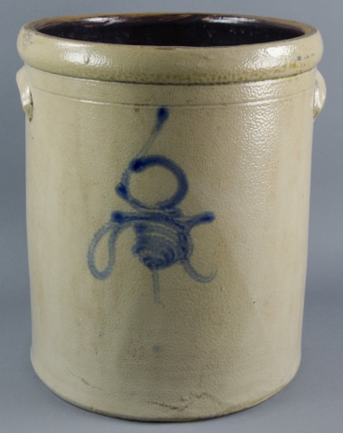 Appraisal: Six-Gallon Stoneware Crock with HandlesCylindrical form Having slip-trailed cobalt and