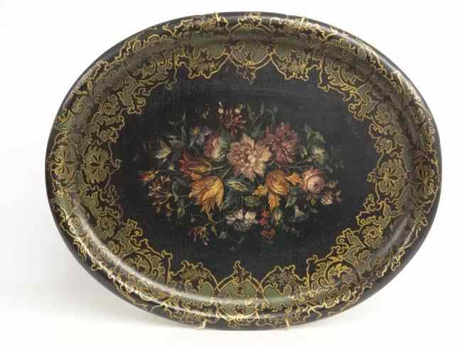 Appraisal: th c paint decorated papier mache platter '' x ''