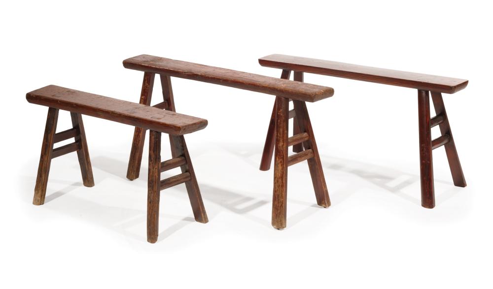 Appraisal: Three Japanese Wooden Work Benches three sizes tapered plank tops