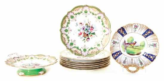 Appraisal: English porcelain dessert plates and tazza th century shaped leaf-and-floral