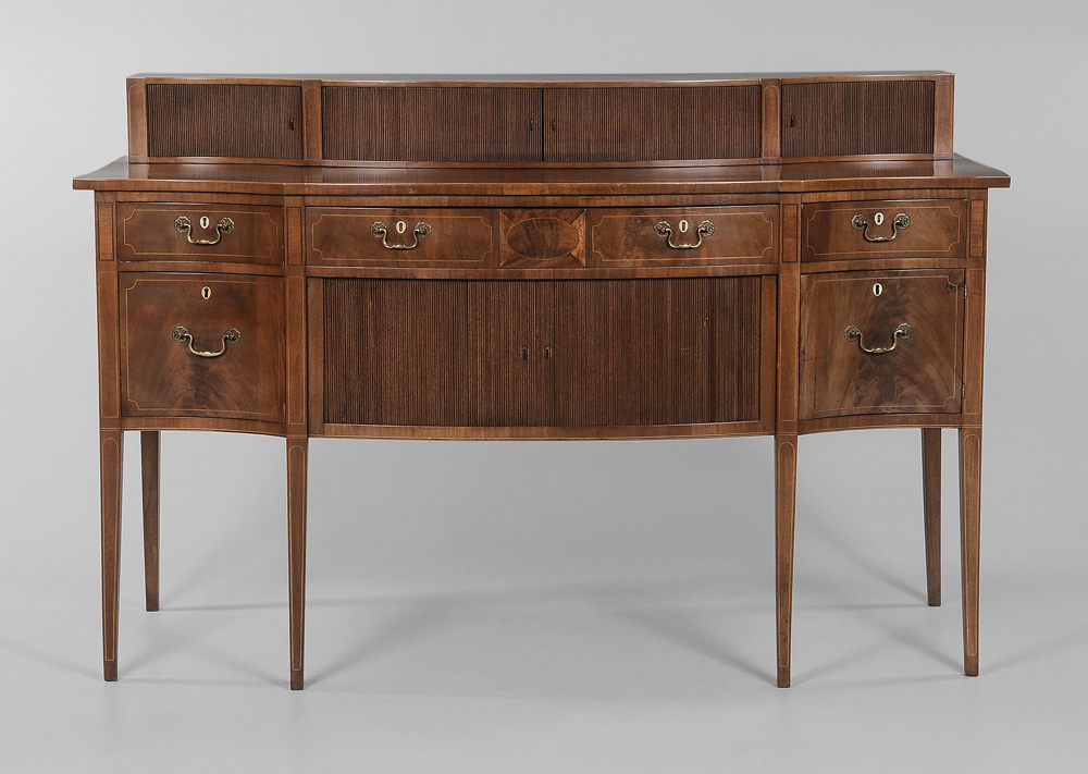 Appraisal: Hepplewhite Style Inlaid Tambour-Door Sideboard British th century tambour doors