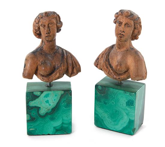 Appraisal: Continental carved wood miniature busts on malachite pedestals part th