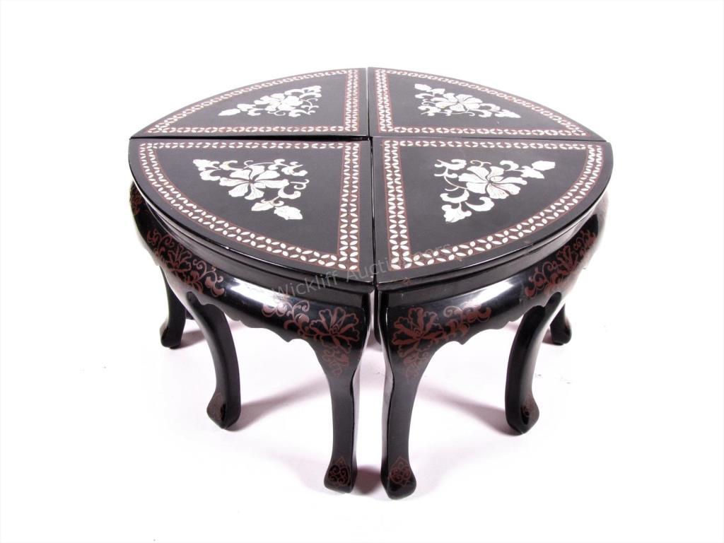 Appraisal: An Oriental black lacquer round table bench set with mother