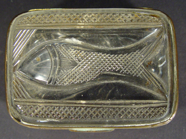 Appraisal: Rectangular brass mounted glass snuff box cut with a fish