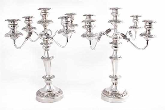 Appraisal: Pair English silverplate five-light candelabra floral-banded shaped stem issuing scrolling