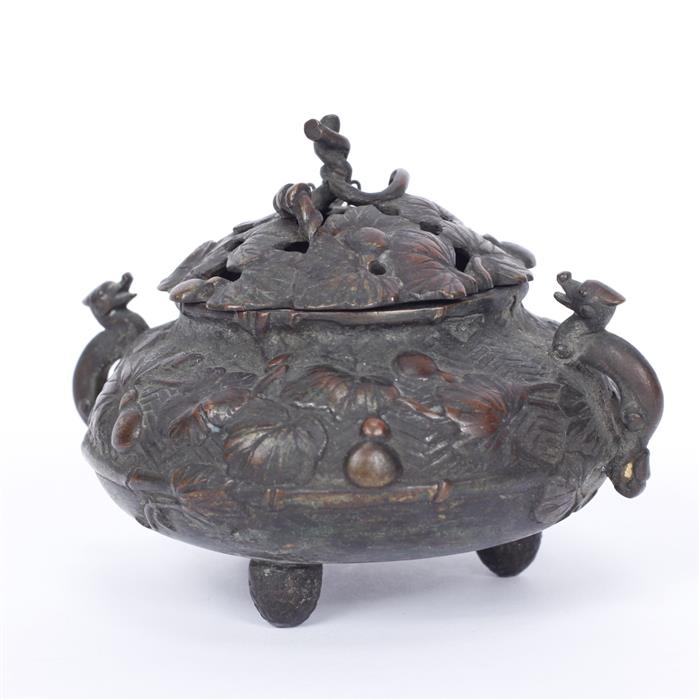 Appraisal: Chinese bronze tripod lidded censer with figural handles and foliate