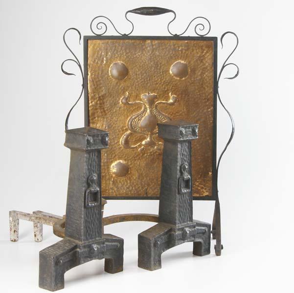 Appraisal: ARTS CRAFTS FIREPLACE Pair of heavy wrought iron andirons together