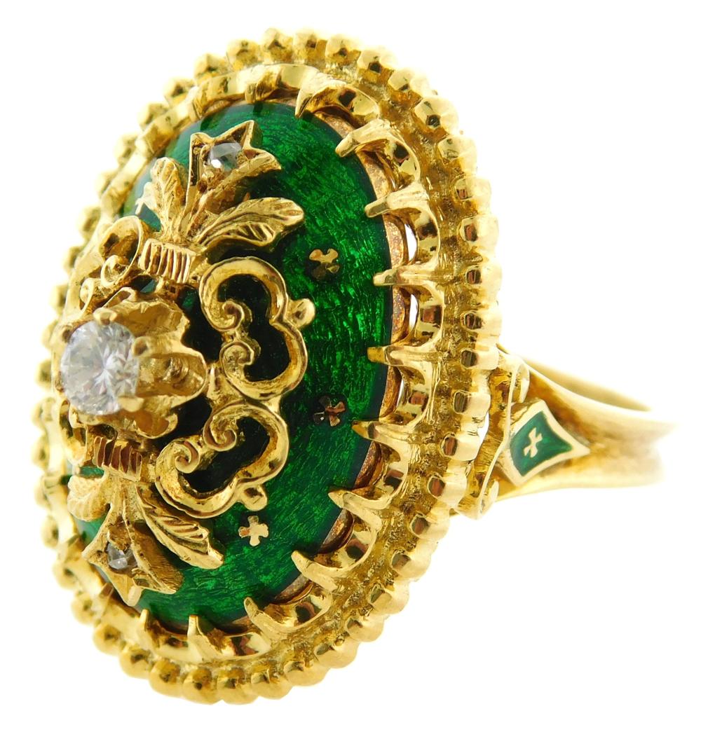 Appraisal: JEWELRY K yellow gold diamond ring with inset green enamel