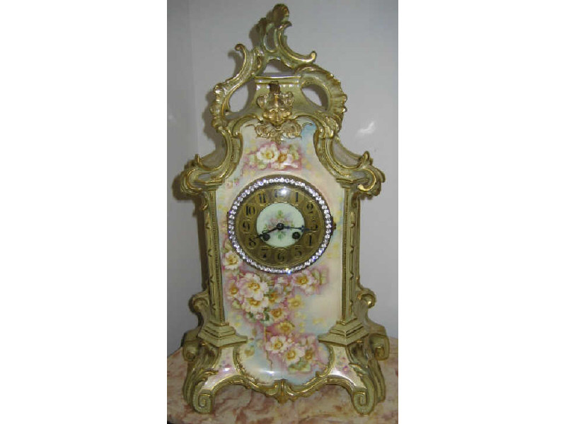 Appraisal: ROYAL BONN PORCELAIN MANTEL CLOCK Hand painted rose decoration lion