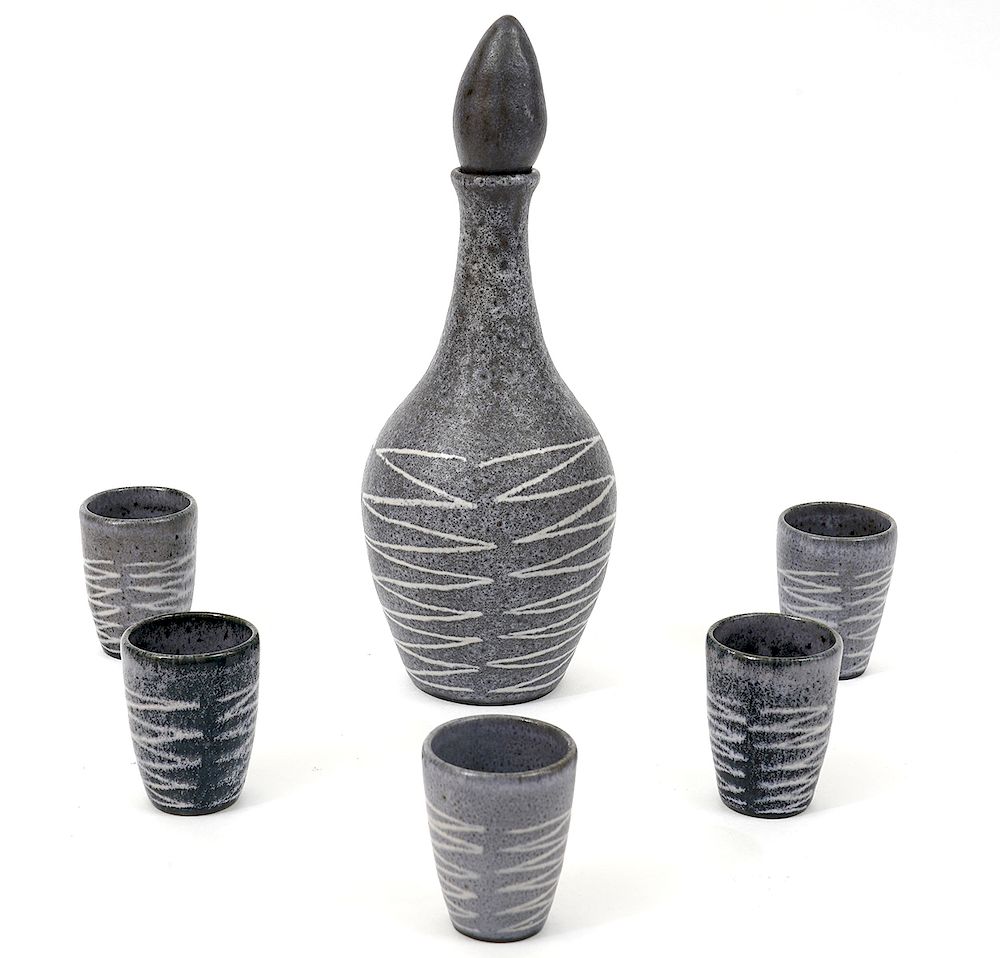 Appraisal: Gray Ceramic Lorenzen Decanter Glasses Ernst Alma Lorenzen gray ceramic