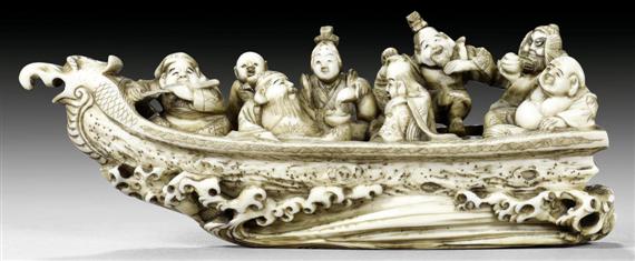 Appraisal: AN IVORY OKIMONO OF THE SHICHIFUKUJIN Japan Meiji period L