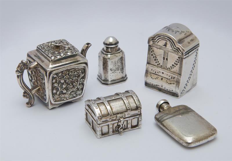 Appraisal: FIVE MINIATURE SILVER ARTICLES Comprising a Victorian repouss teapot Birmingham