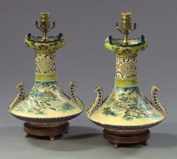 Appraisal: Pair of Japanese Two-Handled Enameled Satsuma Pottery Vases of stylized