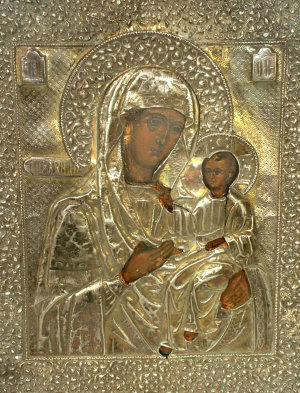 Appraisal: A Russian silver mounted icon th century 'The Iverskaya Mother