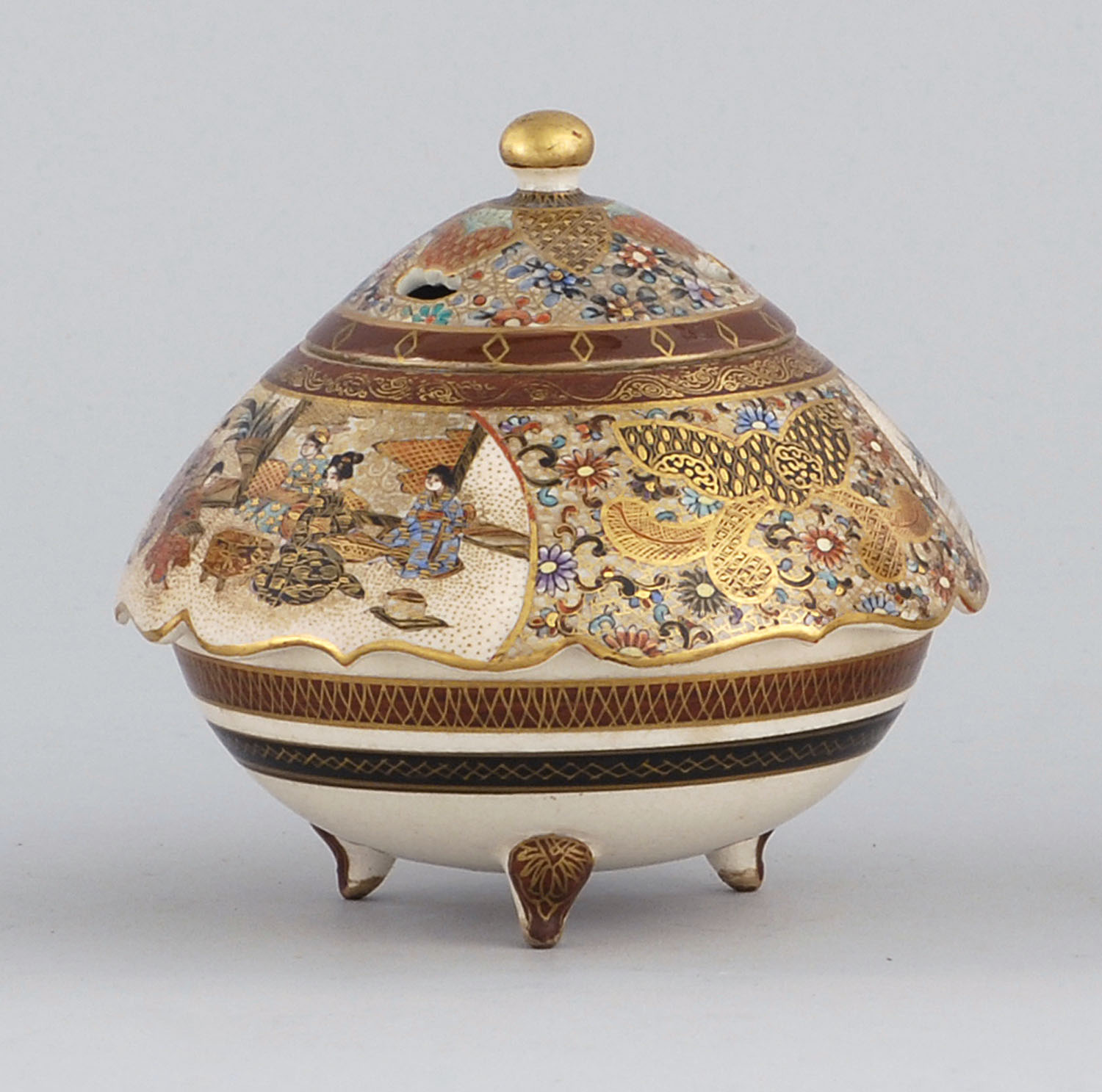 Appraisal: SATSUMA POTTERY KORO Meiji PeriodIn ovoid form with figural cartouches