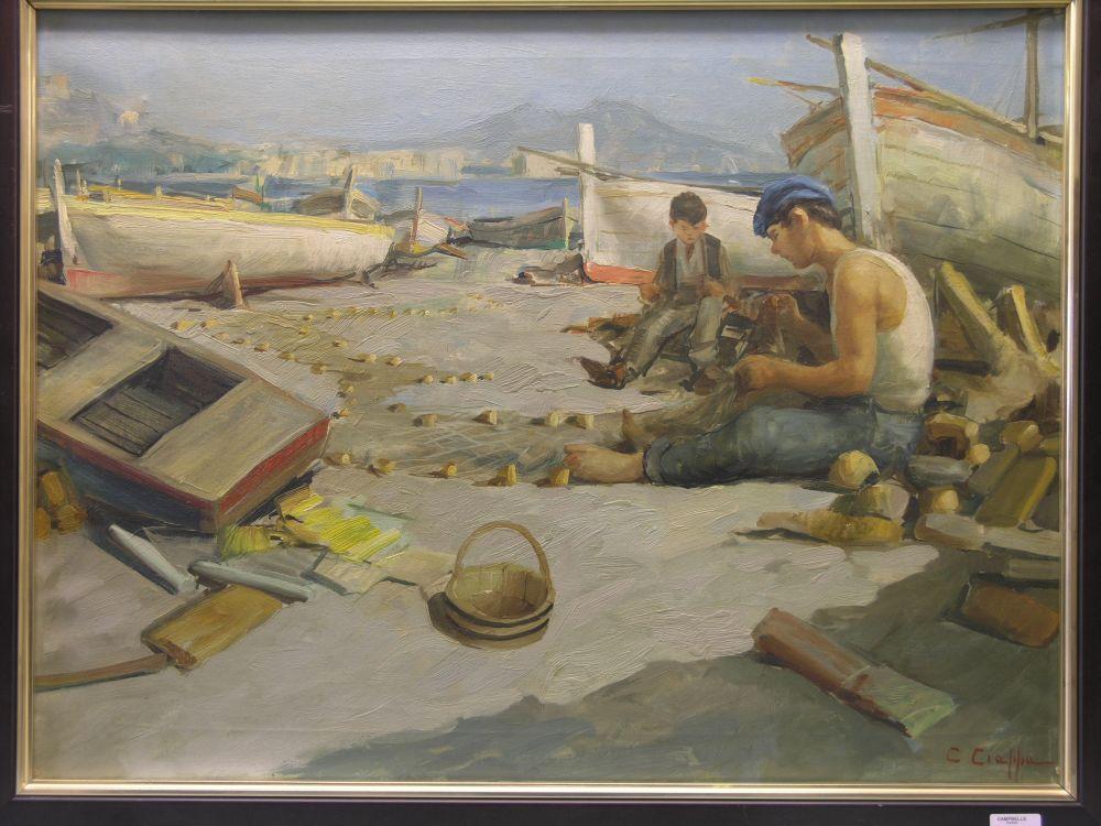 Appraisal: An oil on canvas fishermen seated repairing nets x in