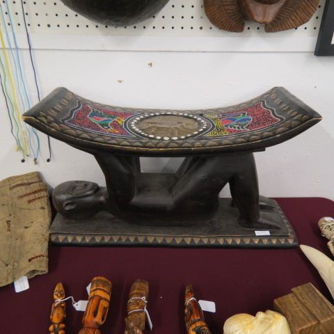 Appraisal: African Tribal Figural Carved Wooden Bench figure at base inlaid