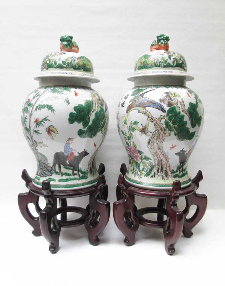 Appraisal: PAIR OF CHINESE PORCELAIN LIDDED GINGER JARS each having hand