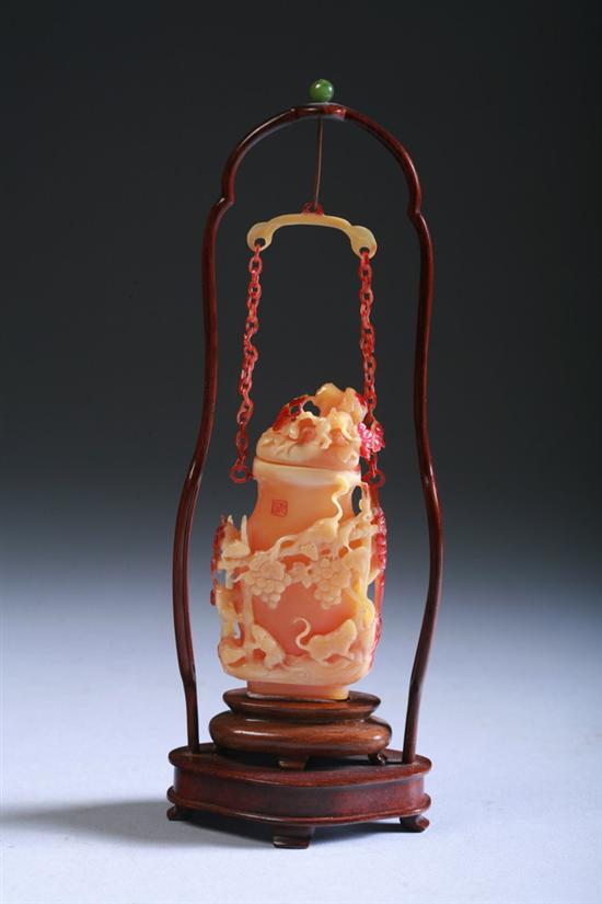 Appraisal: RARE CHINESE HORN-BILL VASE COVER AND CHAIN carved to depict