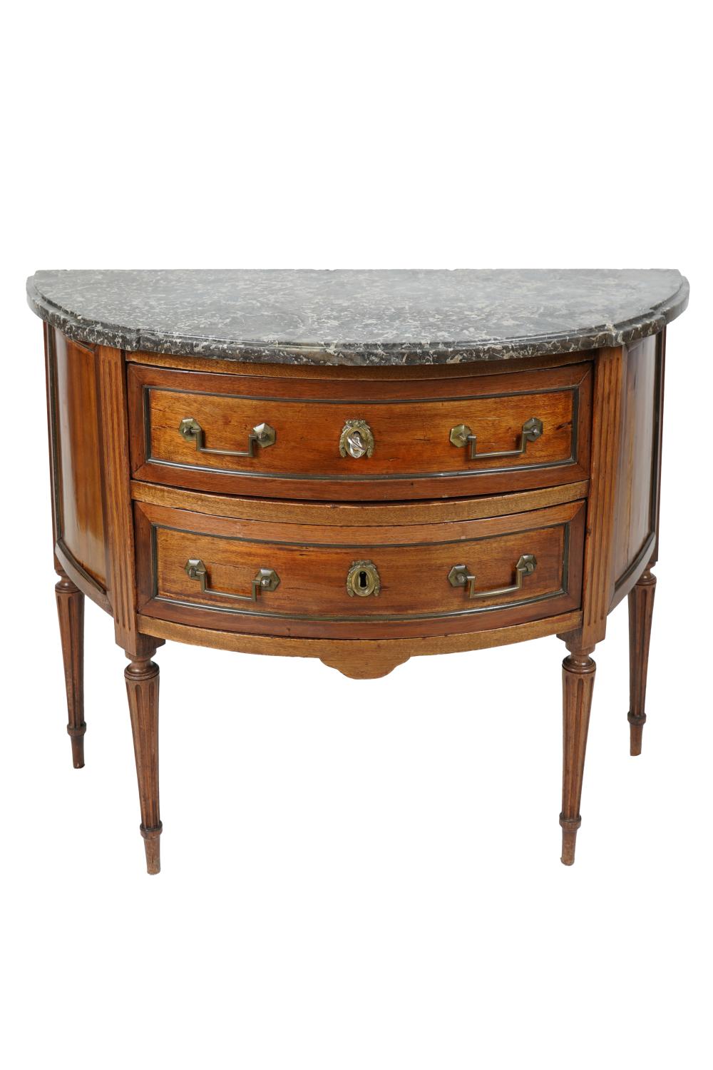 Appraisal: FRENCH MARBLE-TOP DEMILUNE COMMODEwith two drawers and key Condition escutcheon