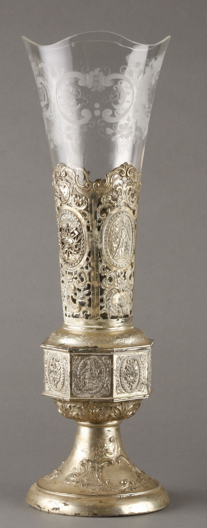 Appraisal: Silver vase features fanciful Rococo motif with figures in medallions