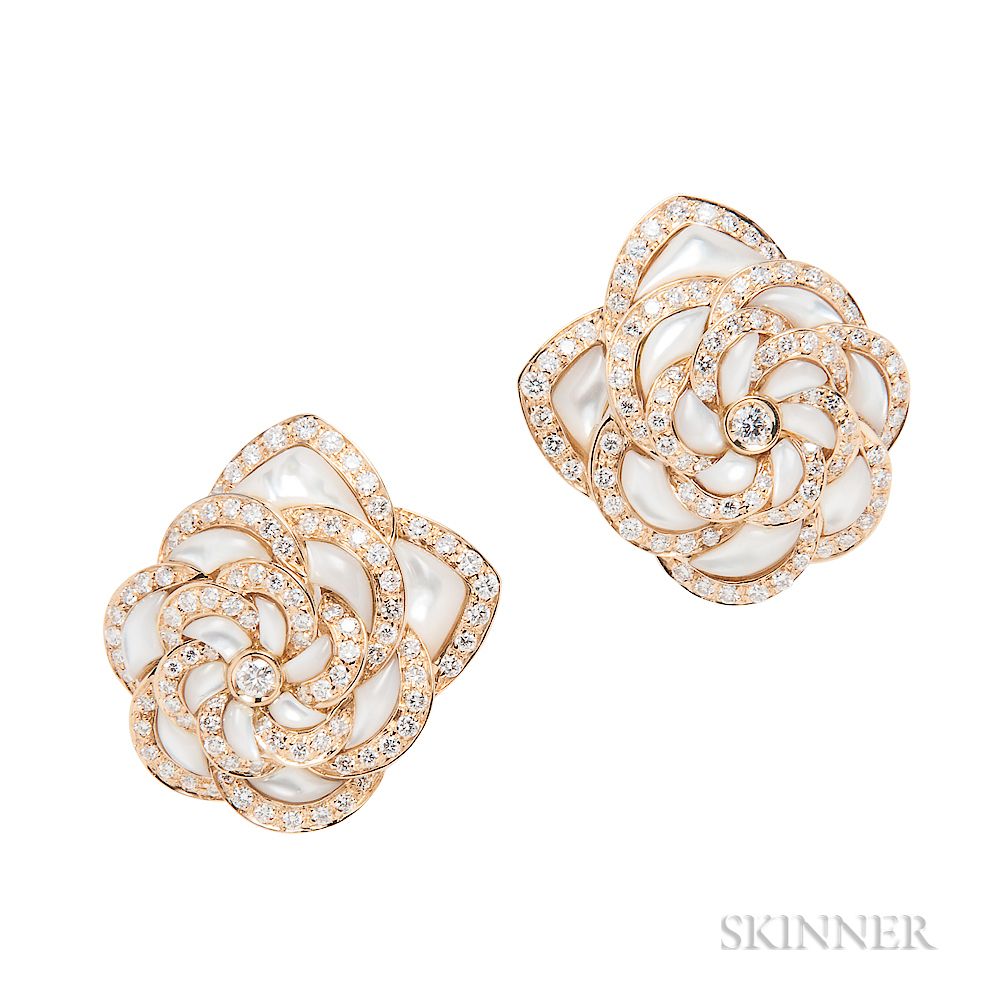 Appraisal: kt Gold Mother-of-pearl and Diamond Flower Earclips kt Gold Mother-of-pearl