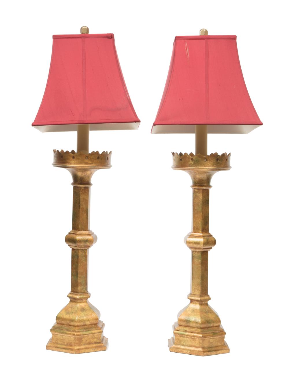 Appraisal: Pair of Antique French Gilt Metal Pricket Table Lamps faceted