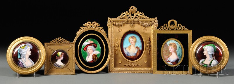 Appraisal: Six Framed Enamel on Copper Portrait Miniatures France th century