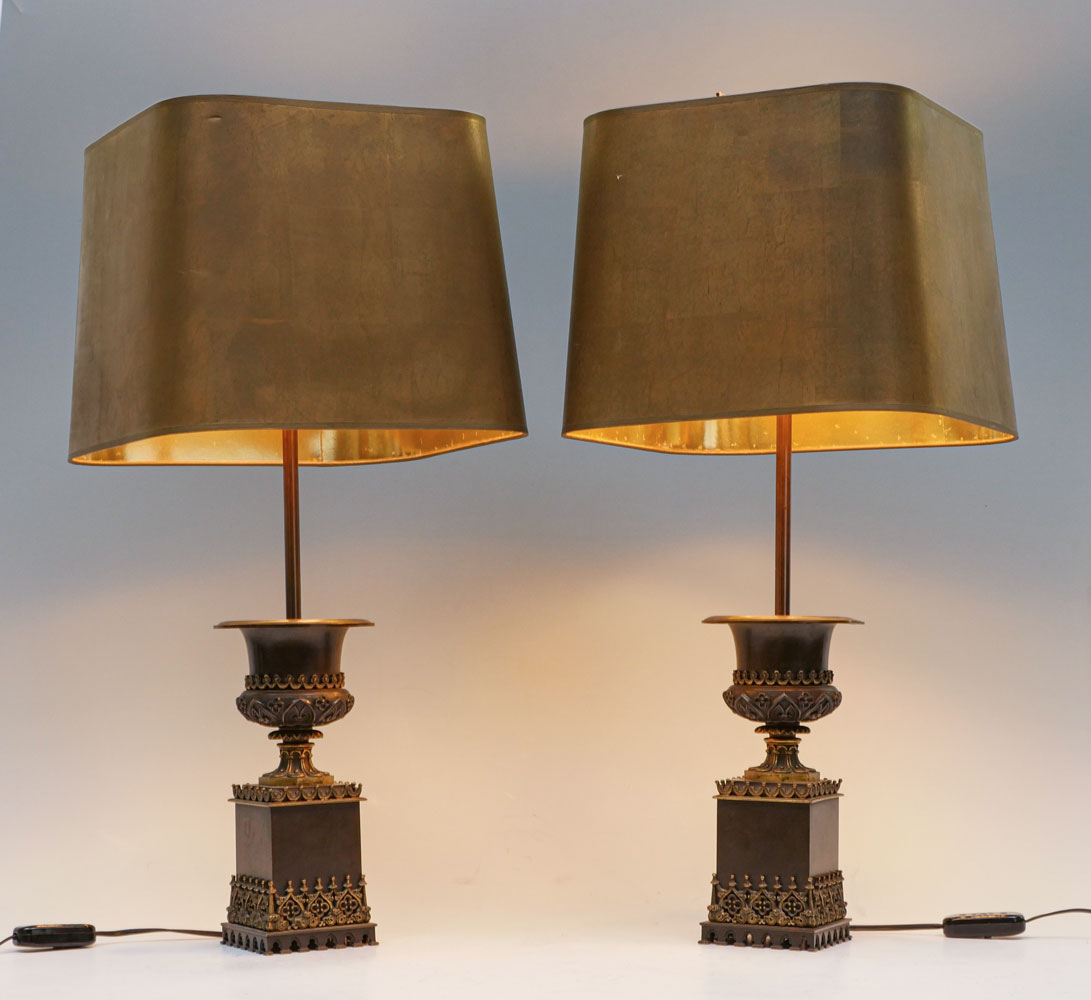 Appraisal: EUROPEAN EMPIRE BRONZE URN FORM LAMPS Pair of European Empire