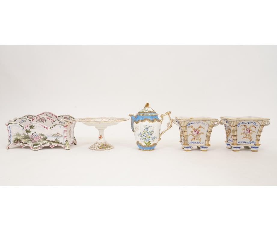 Appraisal: Pair of French porcelain cachepots together with a teapot a