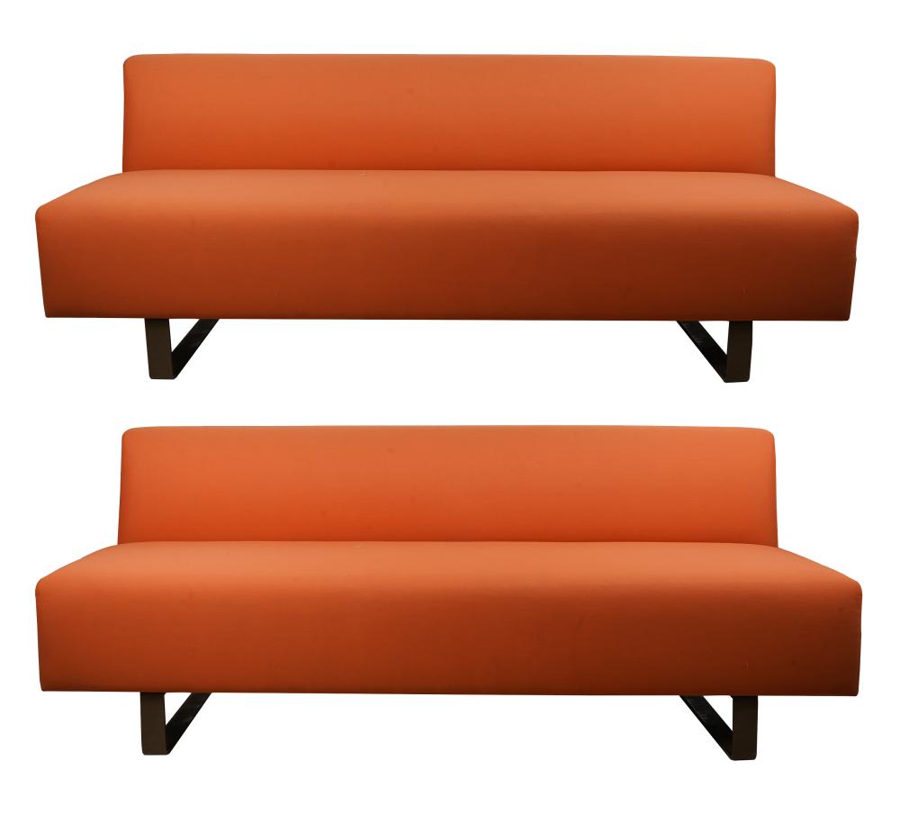 Appraisal: PAIR OF ORANGE UPHOLSTERED SOFASeach on a metal base inches