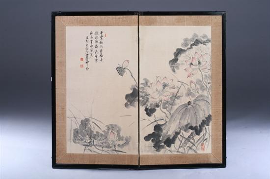 Appraisal: CHINESE SCHOOL LOTUS ink and color on paper two-fold screen