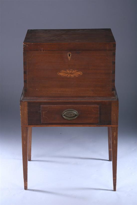 Appraisal: HEPPLEWHITE STYLE INLAID MAHOGANY DECANTER BOX ON STAND th century