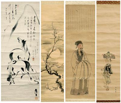 Appraisal: Four Japanese hanging scrolls one ink and color on paper