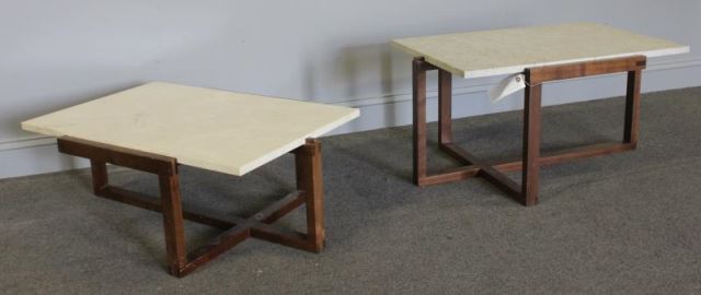 Appraisal: Midcentury Pair of Travertine Top End Tables From a Madison